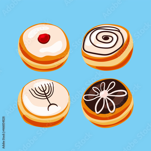 Hanukkah doughnut. Traditional Jewish holiday food set.Vector cartoon illustration. Isolated background