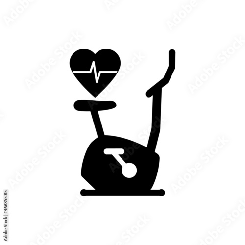 Stationary bike icon with heart and pulse line. Health, medicine, sport and equipment, exercise bicycle symbol. Black silhouette. Vector illustration and clipart on a white background.