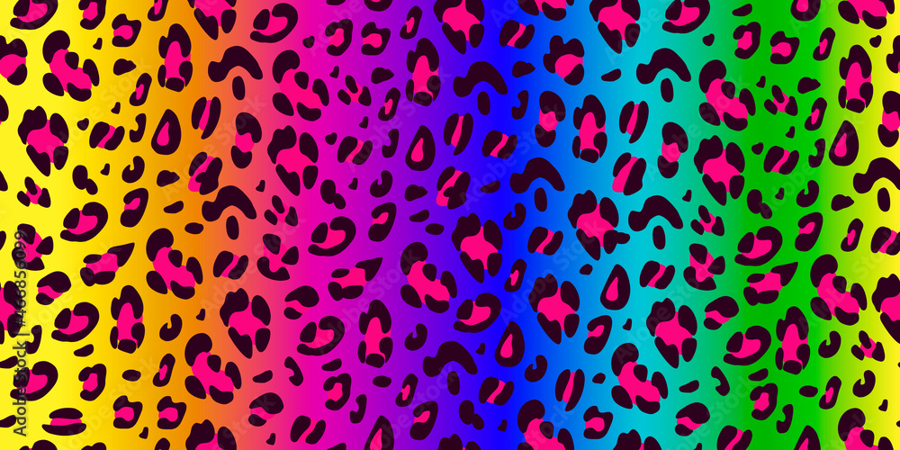 Rainbow leopard seamless pattern. Bright background.Animalistic print. Hand-drawn vector illustration
