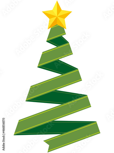 クリスマスツリーの形をしたライン入りリボンのイラスト（緑）