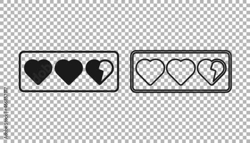 Black Game life bar icon isolated on transparent background. Health heart bar. Vector