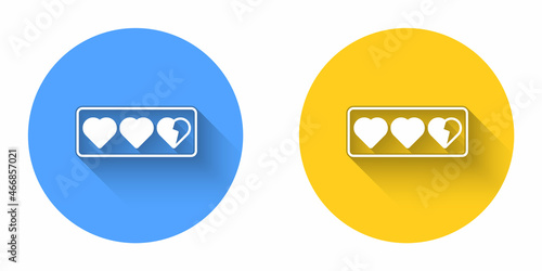 White Game life bar icon isolated with long shadow background. Health heart bar. Circle button. Vector