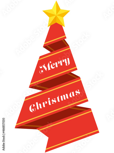 クリスマスツリーの形のライン入り3.5巻きリボンと「Merry Christmas」のイラスト（赤）