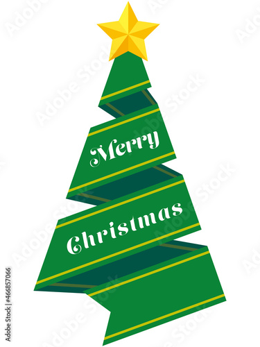 クリスマスツリーの形のライン入り3.5巻きリボンと「Merry Christmas」のイラスト（緑）