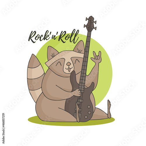 Funny cute raccoon with a bass guitar. Lettering Rock and Roll on the background of a green circle.