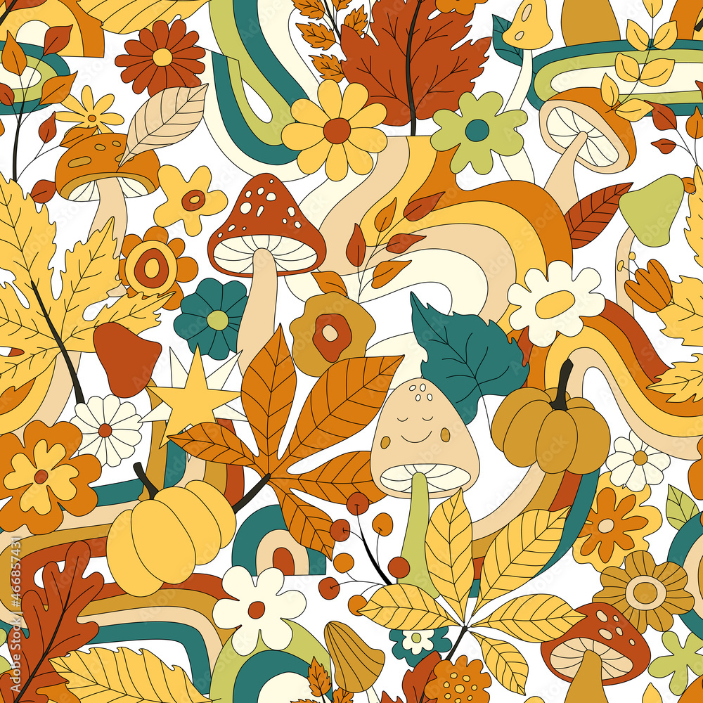 70s groovy hippie retro seamless pattern. Vintage floral vector pattern.  Wavy fall background with rainbow, leaves, mushroom, pumpkin and flowers.  Doodle hippie print for wallpaper, banner, fabric. Stock-Vektorgrafik |  Adobe Stock