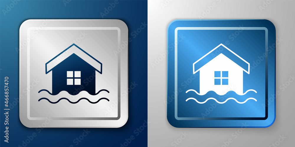 White House flood icon isolated on blue and grey background. Home flooding under water. Insurance concept. Security, safety, protection, protect concept. Silver and blue square button. Vector White House flood icon isolated on blue and grey background. Home flooding under water. Insurance concept. Security, safety, protection, protect concept. Silver and blue square button. Vector