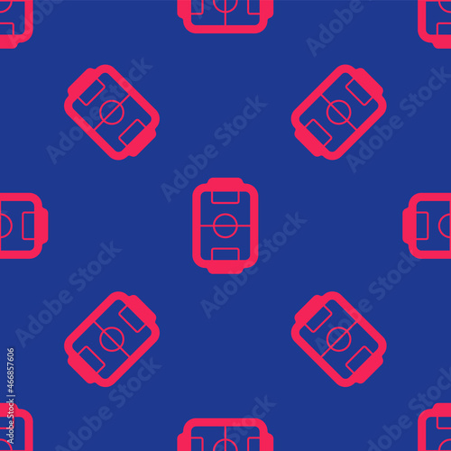 Red Table football game hobby or leisure icon isolated seamless pattern on blue background. Sport team football players. Vector