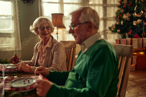 Adorable senior couple having Christmas lunch at home