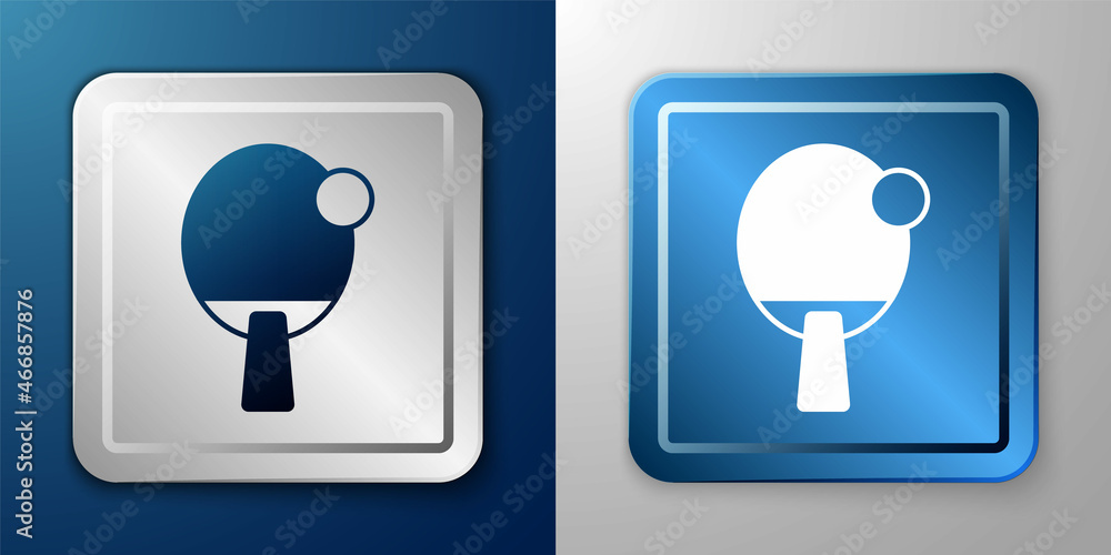 White Racket for playing table tennis icon isolated on blue and grey background. Silver and blue square button. Vector White Racket for playing table tennis icon isolated on blue and grey background. Silver and blue square button. Vector