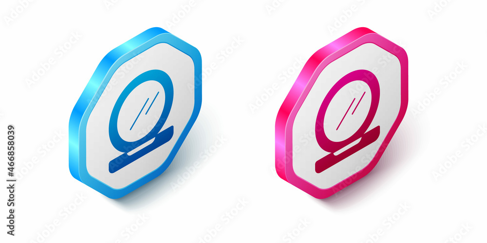 Isometric Makeup powder with mirror icon isolated on white background. Hexagon button. Vector Isometric Makeup powder with mirror icon isolated on white background. Hexagon button. Vector