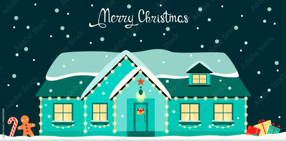 A Christmas card with a decorated house. Flat design.
