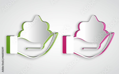 Paper cut Shaving gel foam on hand icon isolated on grey background. Shaving cream. Paper art style. Vector
