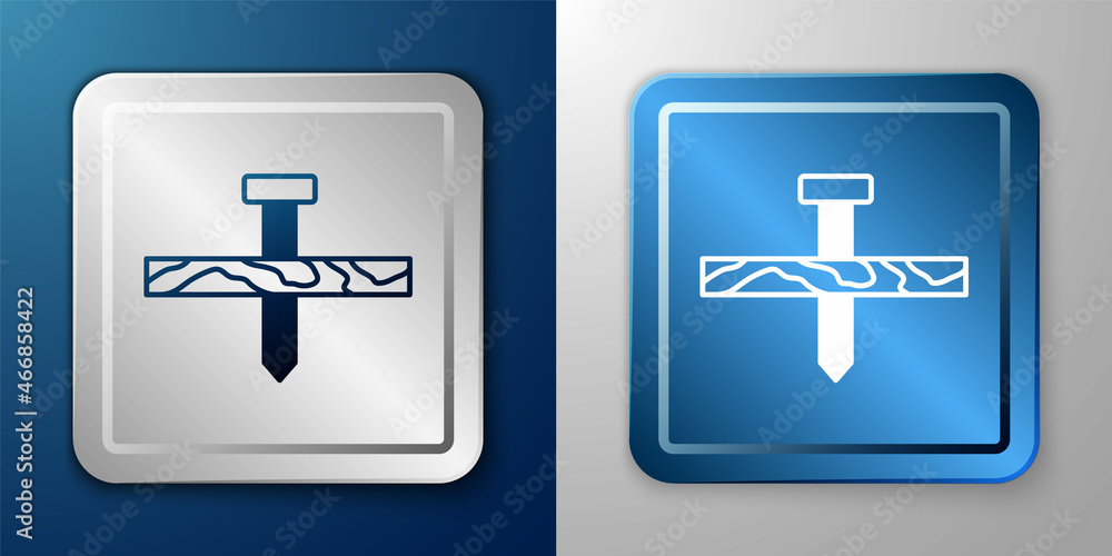White Metallic nail and wood plank icon isolated on blue and grey background. Silver and blue square button. Vector White Metallic nail and wood plank icon isolated on blue and grey background. Silver and blue square button. Vector