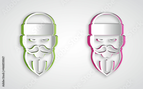 Paper cut Bearded lumberjack man icon isolated on grey background. Paper art style. Vector