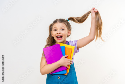 A little girl holds different books with one hand and holds her scythe with the other.