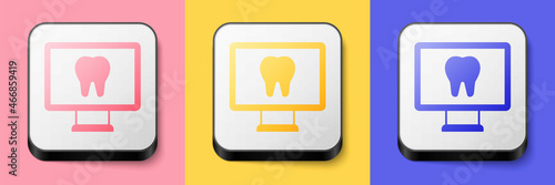 Isometric Online dental care icon isolated on pink, yellow and blue background. Dental service information call center. Square button. Vector
