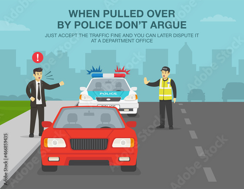 Police officer stops a red sedan car to check on driver's documents.Angry driver is about to fight with police.Don't argue,just accept the fine.Traffic speed control.Flat vector illustration template.
