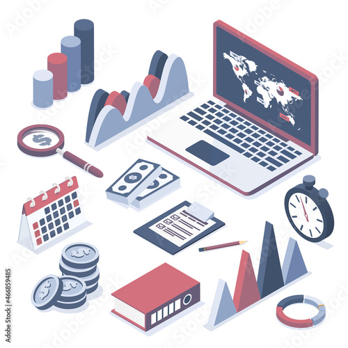 Isometric vector illustration. Laptop with elements of infographics.  Collection of business objects.  
