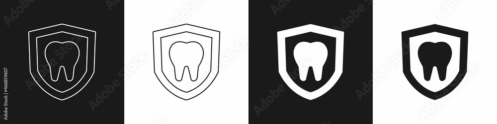 Set Dental protection icon isolated on black and white background. Tooth on shield logo. Vector Set Dental protection icon isolated on black and white background. Tooth on shield logo. Vector
