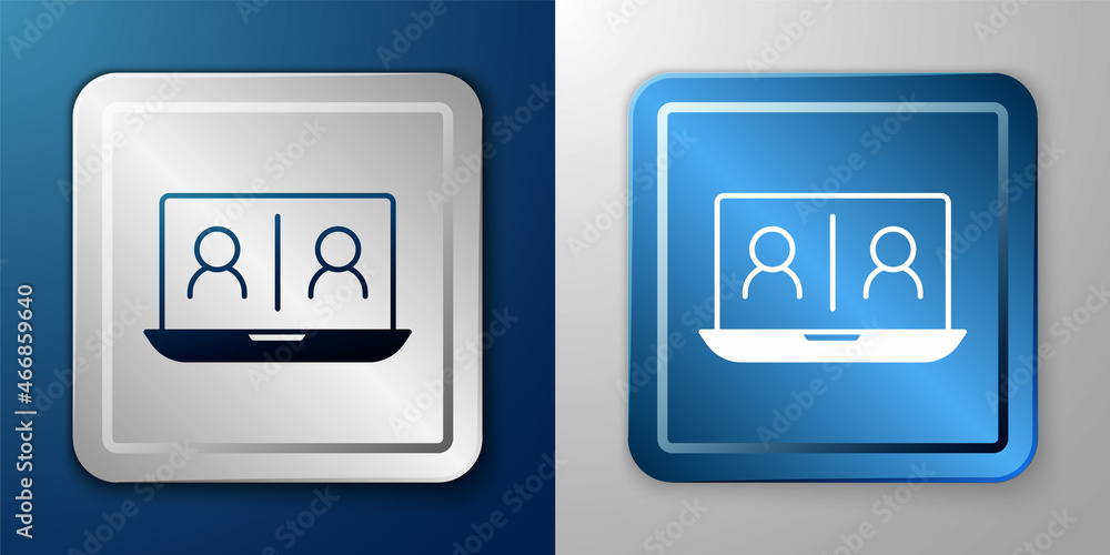 White Video chat conference icon isolated on blue and grey background. Online meeting work form home. Remote project management. Silver and blue square button. Vector White Video chat conference icon isolated on blue and grey background. Online meeting work form home. Remote project management. Silver and blue square button. Vector