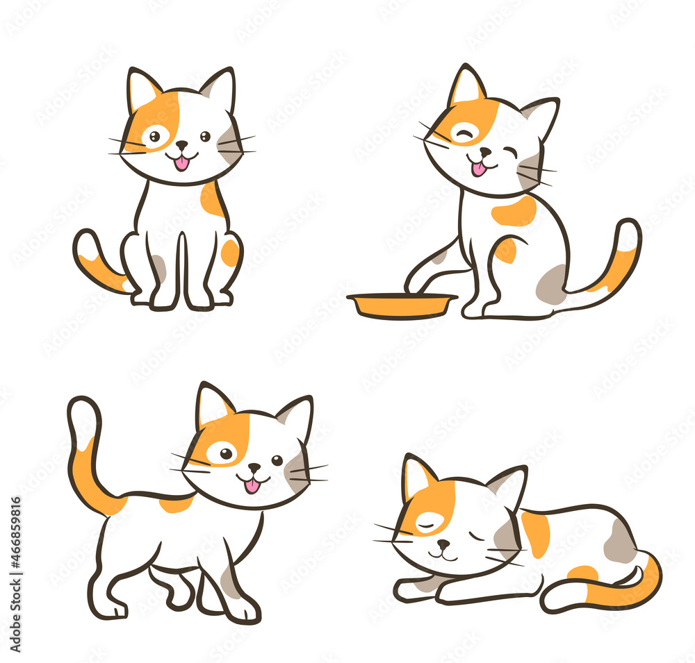 cute cat in various poses. cartoon kitten dreaming, standing, sitting,  walking, resting, playing with a plate. set of orange and white kitty.  vector illustration Stock Vector | Adobe Stock
