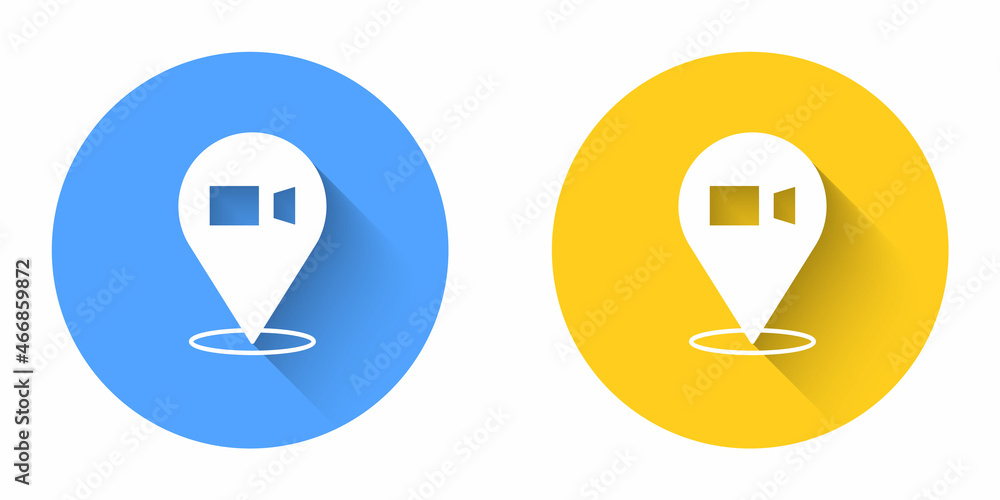 White Video chat conference icon isolated with long shadow background. Online meeting work form home. Remote project management. Circle button. Vector White Video chat conference icon isolated with long shadow background. Online meeting work form home. Remote project management. Circle button. Vector