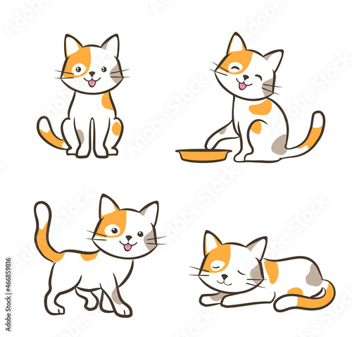 cute cat in various poses. cartoon kitten dreaming, standing, sitting, walking, resting, playing with a plate. set of orange and white kitty. vector illustration