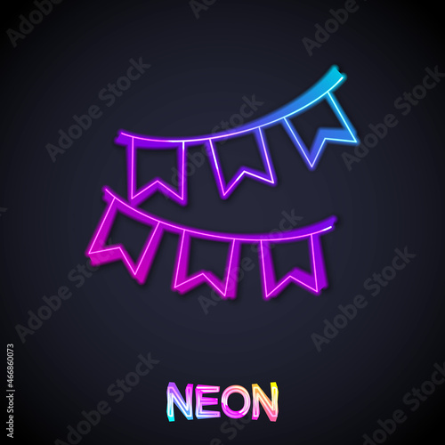 Glowing neon line Carnival garland with flags icon isolated on black background. Party pennants for birthday celebration, festival decoration. Vector