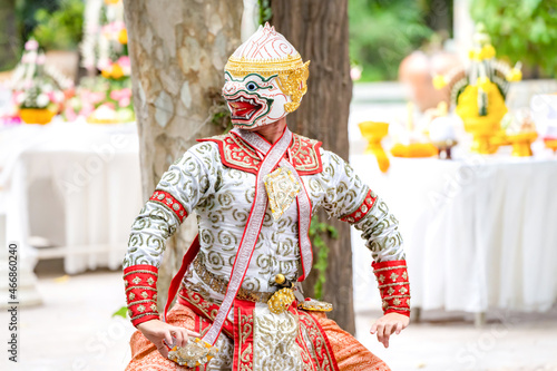 The performance of Thai traditional drama story Khon epic, Ramakien or Ramayana with Hanuman (white monkey) and others. photo