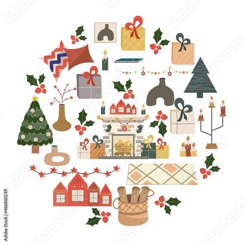Christmas circular design isolated on white background, fireplace with fire in the center.Fireplace with houses, gifts, candles and a garland. Vector illustration for postcard or holiday decor