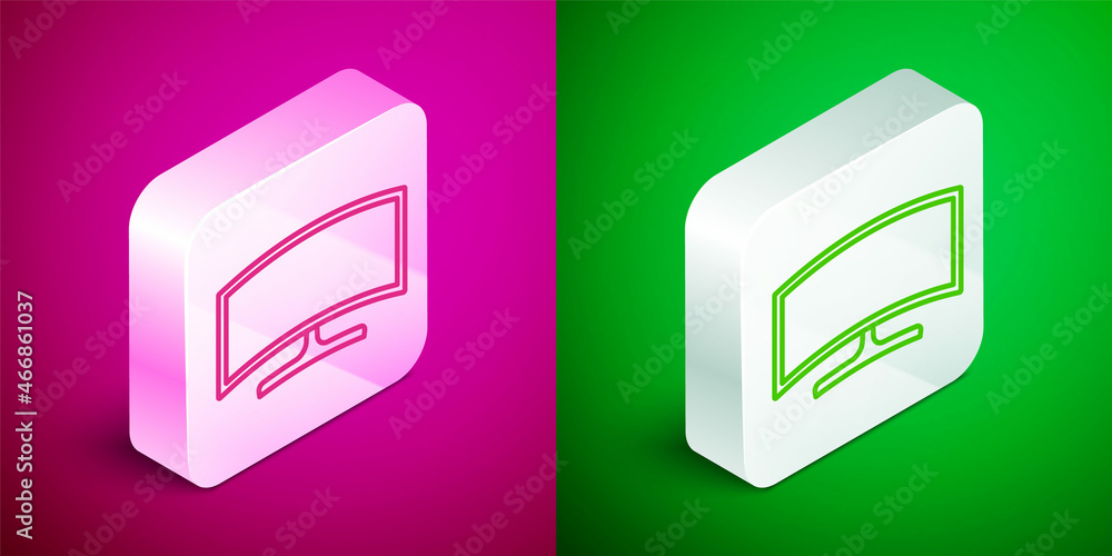 Isometric line Computer monitor icon isolated on pink and green background. PC component sign. Silver square button. Vector Isometric line Computer monitor icon isolated on pink and green background. PC component sign. Silver square button. Vector