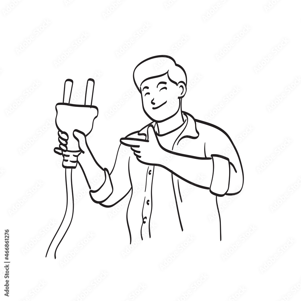 line art half length man holding big electric plug illustration vector isolated on white background
