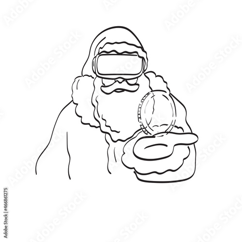 line art santa claus using vr glasses with visual coin on hand illustration vector isolated on white background