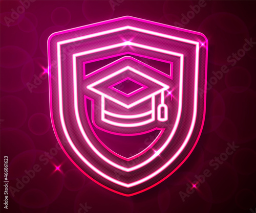 Glowing neon line Graduation cap with shield icon isolated on red background. Insurance concept. Security, safety, protection, protect concept. Vector