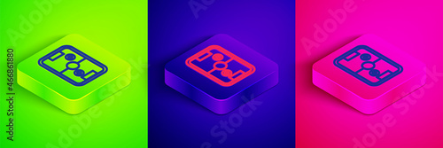 Isometric line Air hockey table icon isolated on green, blue and pink background. Square button. Vector
