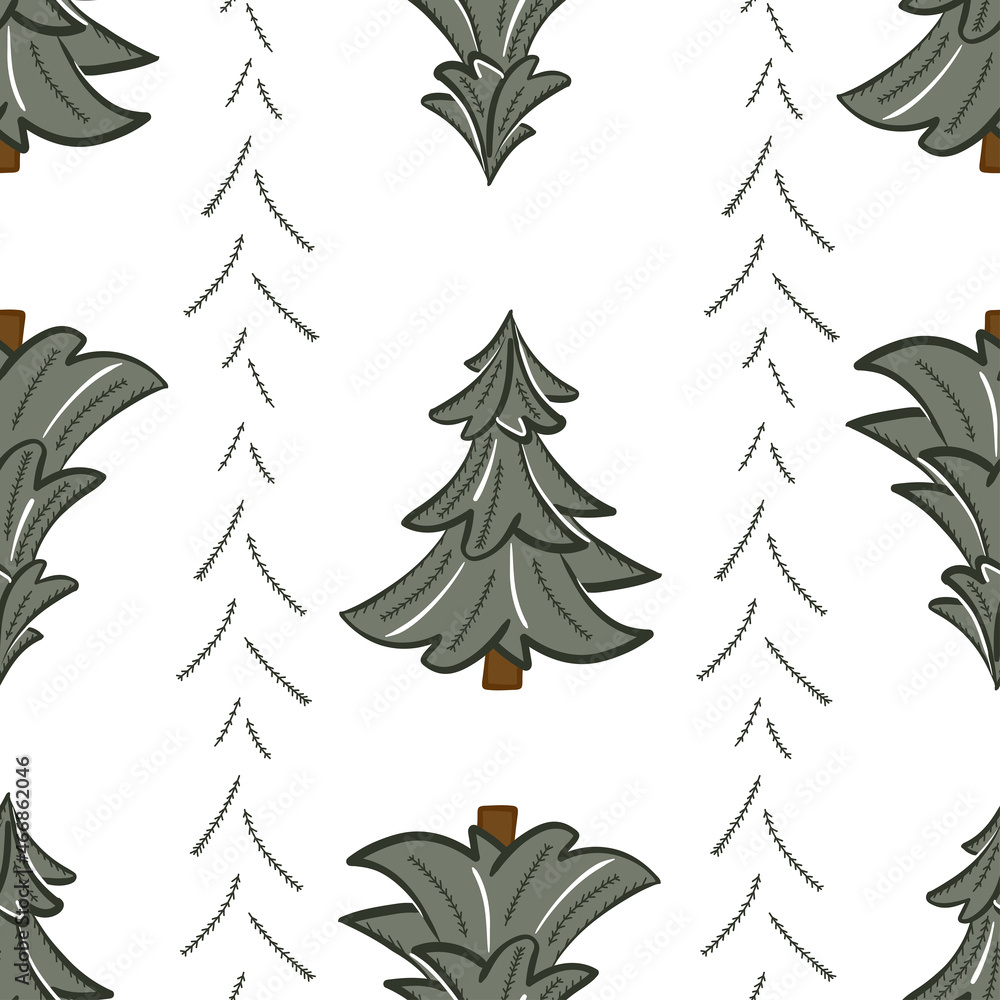Obraz premium Seamless pattern of Christmas tree and decorative needle branches. Flat vector background