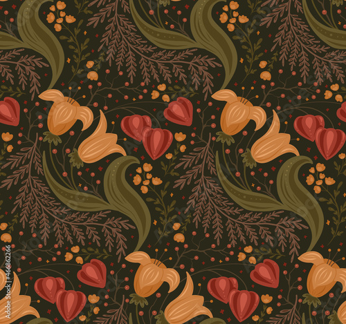 Seamless autumn pattern with flowers, berries and physalis. Floral ornament on a dark background. Vector natural texture with bouquets for fabrics, wallpapers and wrapping paper