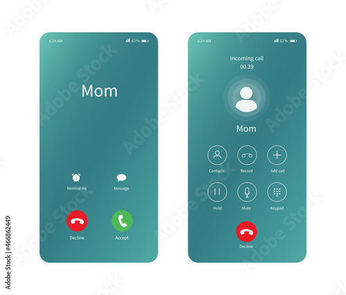 Mockup incoming Call Screen. Call screen smartphone interface template. Flat UI, UX for application. Vector illustration