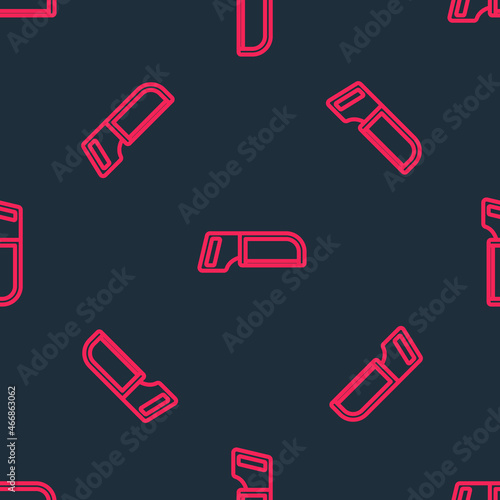Red line Hacksaw icon isolated seamless pattern on black background. Metal saw for wood and metal. Vector