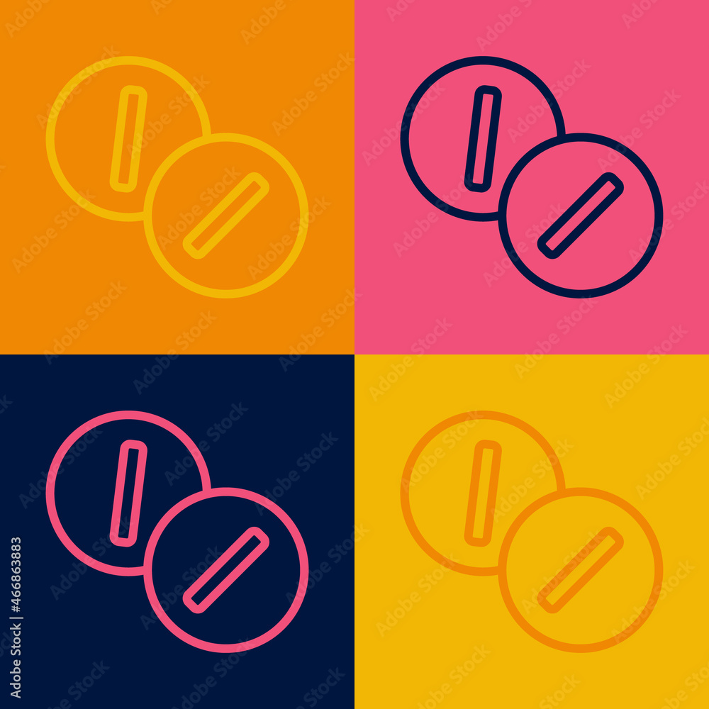 Pop art line Toothache painkiller tablet icon isolated on color background. Tooth care medicine. Capsule pill and drug. Pharmacy design. Vector Pop art line Toothache painkiller tablet icon isolated on color background. Tooth care medicine. Capsule pill and drug. Pharmacy design. Vector