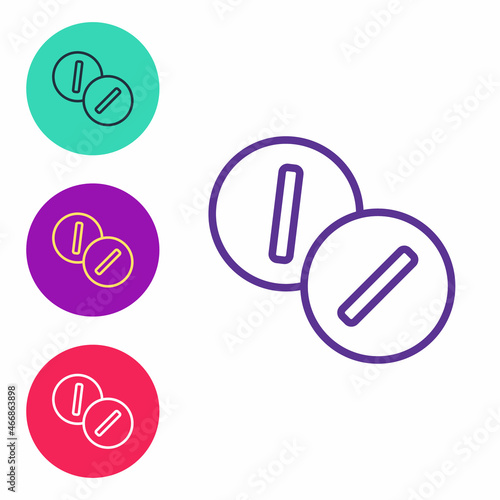 Set line Toothache painkiller tablet icon isolated on white background. Tooth care medicine. Capsule pill and drug. Pharmacy design. Set icons colorful. Vector
