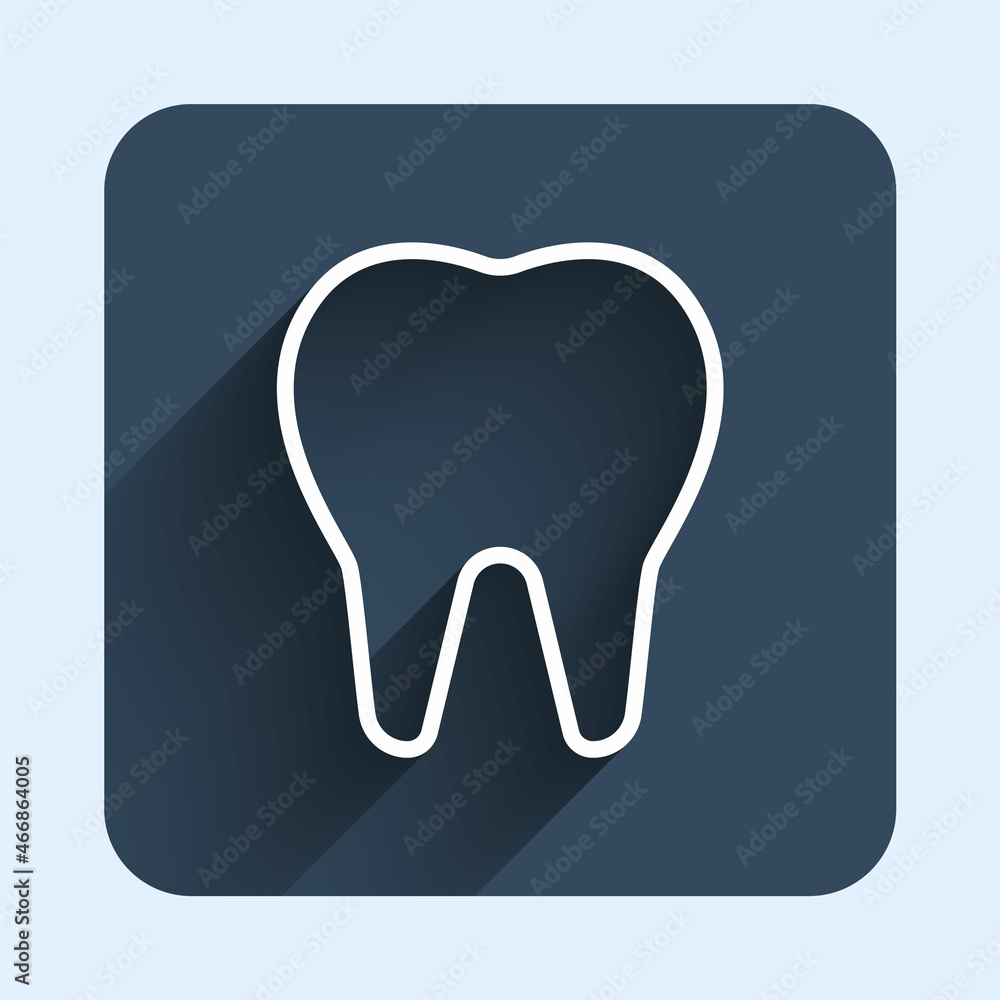 White line Tooth icon isolated with long shadow background. Tooth symbol for dentistry clinic or dentist medical center and toothpaste package. Blue square button. Vector White line Tooth icon isolated with long shadow background. Tooth symbol for dentistry clinic or dentist medical center and toothpaste package. Blue square button. Vector