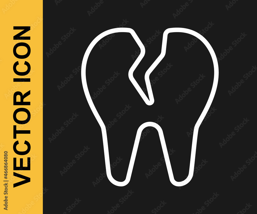 Obraz premium White line Broken tooth icon isolated on black background. Dental problem icon. Dental care symbol. Vector