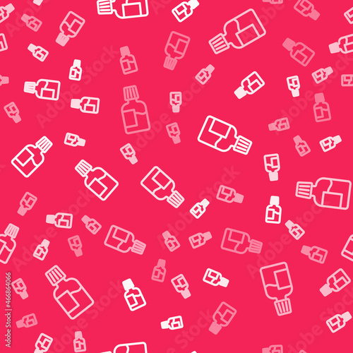 White line Mouthwash plastic bottle icon isolated seamless pattern on red background. Liquid for rinsing mouth. Oralcare equipment. Vector