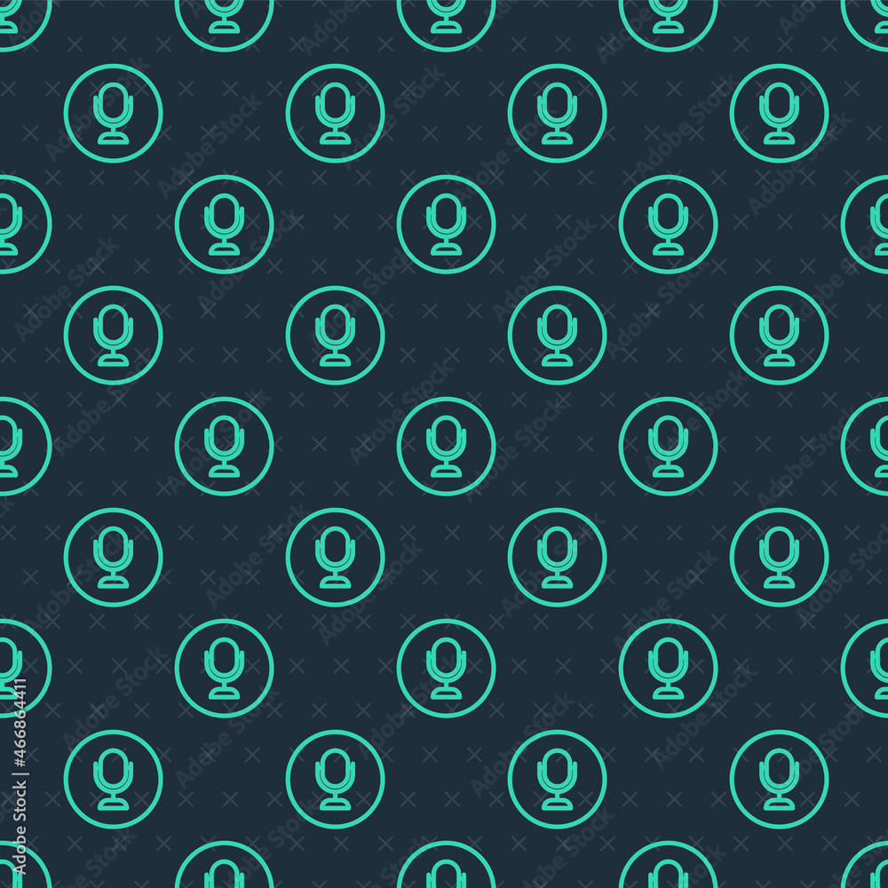 Green line Microphone icon isolated seamless pattern on blue background. On air radio mic microphone. Speaker sign. Vector Green line Microphone icon isolated seamless pattern on blue background. On air radio mic microphone. Speaker sign. Vector