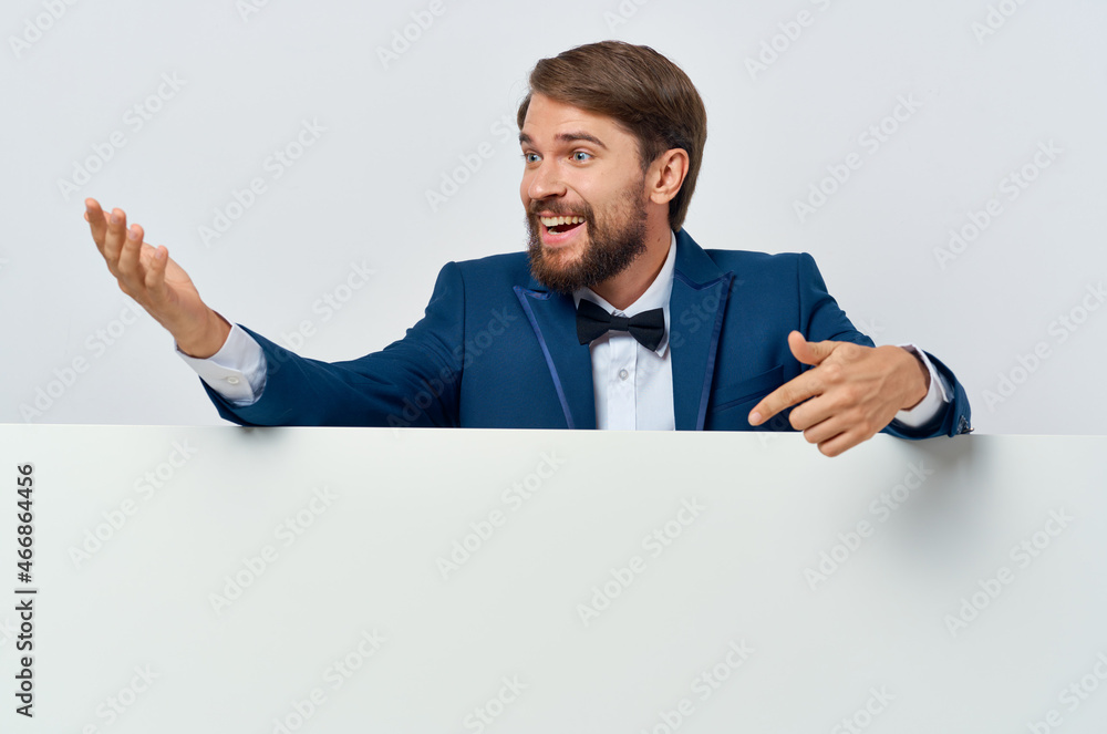 bearded man white banner in hand blank sheet presentation White background bearded man white banner in hand blank sheet presentation White background