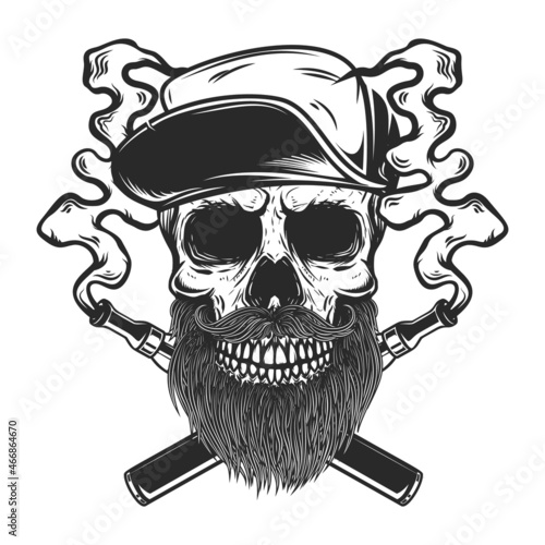 Bearded skull with crossed vapes. Design element for logo, emblem, sign, poster, t shirt. Vector illustration