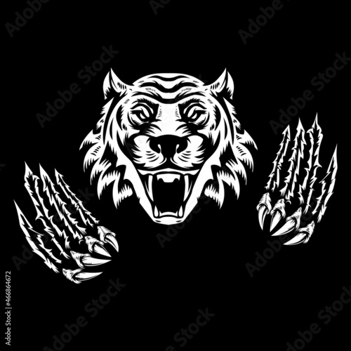 Tiger head and claws. Design element for logo, emblem, sign, poster, t shirt. Vector illustration