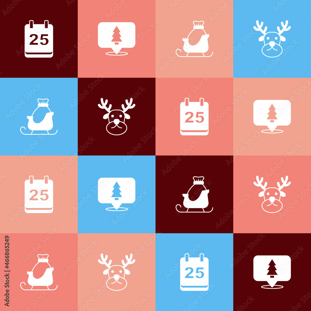 Set pop art Christmas day calendar, tree, santa claus sleigh and Reindeer icon. Vector Set pop art Christmas day calendar, tree, santa claus sleigh and Reindeer icon. Vector